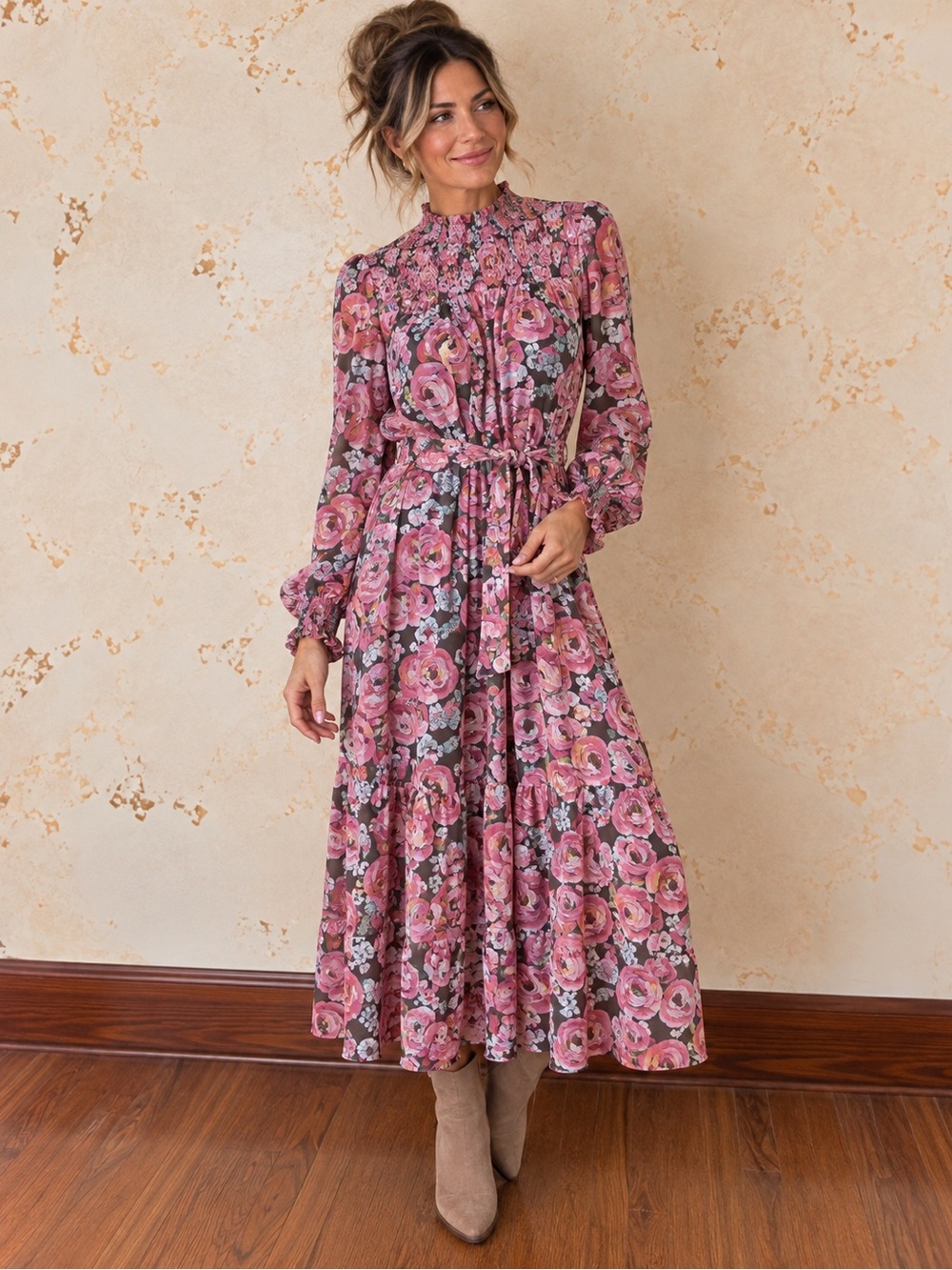 En Saison Pink Floral Smocked Mock Neck Maxi Dress S Tall Friendly 51"